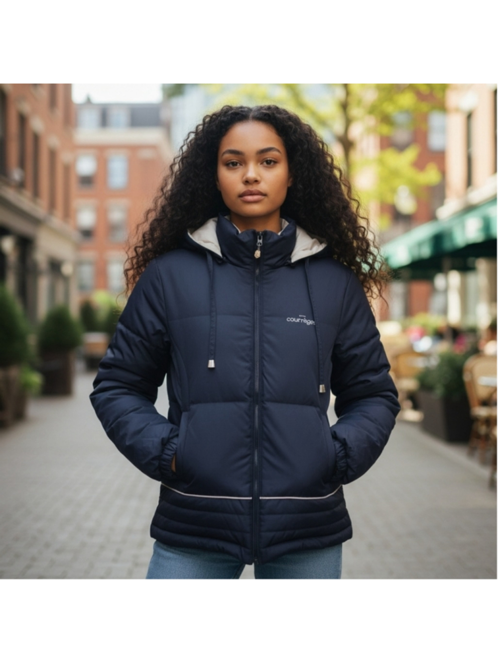 Courrèges Navy Down Puffer Jacket Women’s Size 2 Small Hooded Zip Winter Coat